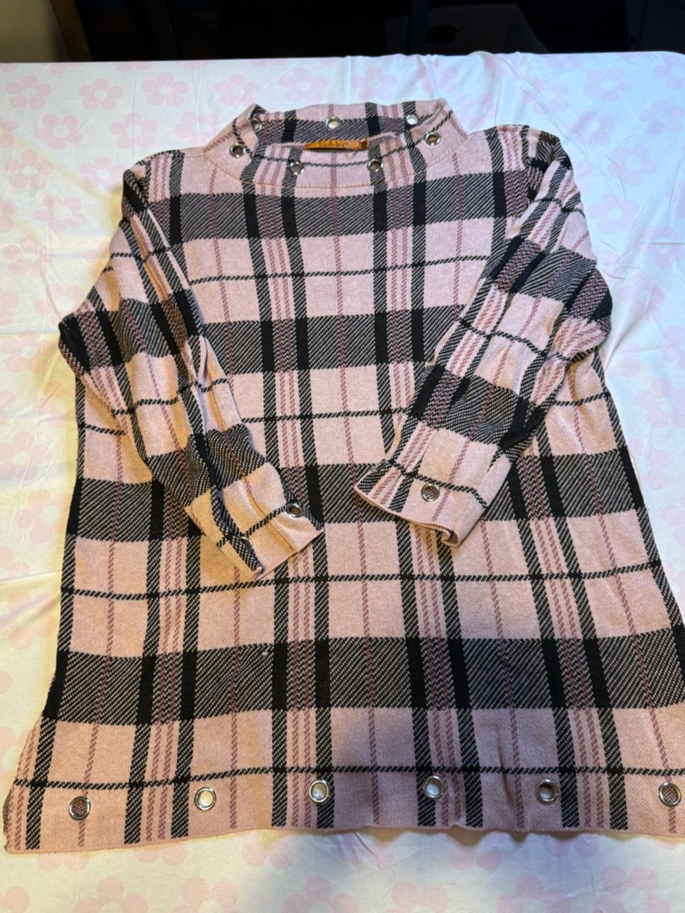 Pink & Black Plaid Button Accent Sweater sweater